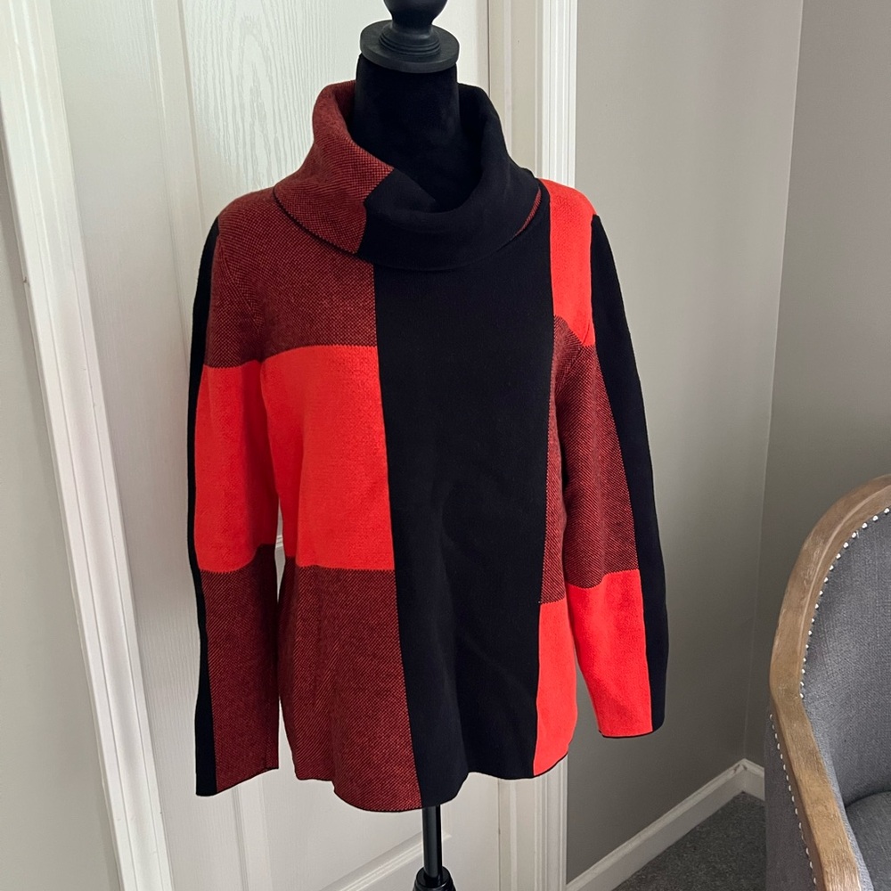 MARBLE Red and Black Cowl Turtleneck Sweater